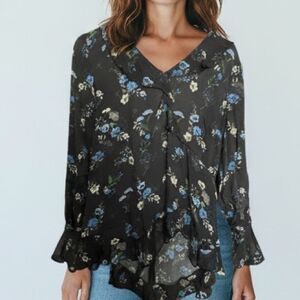 Elie Tahari Women's Halima V Neck Long Sleeve Ruffled Floral Print Blouse